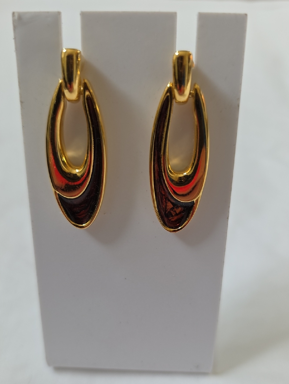 Napier Vintage Gold-Tone Layered Oval Drop Sleek Classy Earrings w Dark Accents